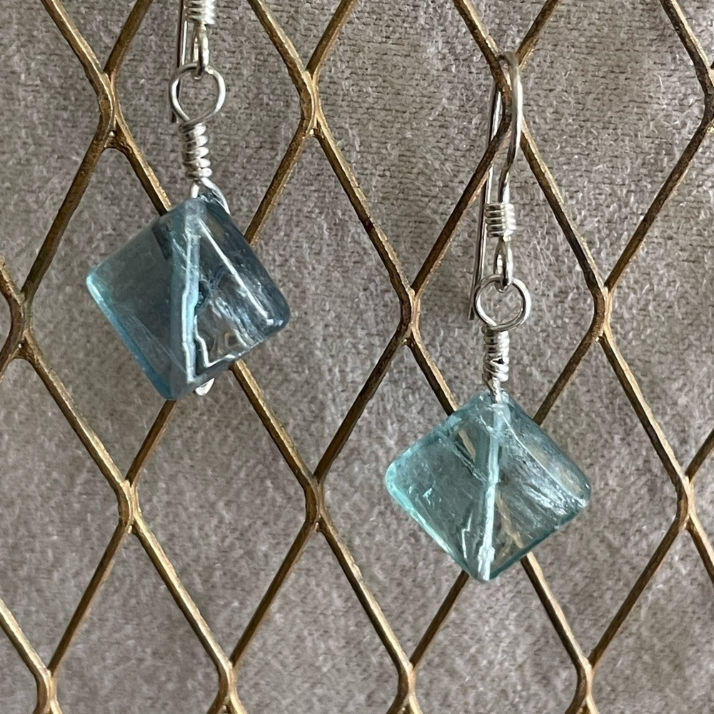 Natural Fluorite Sterling Silver Wire Wrapped Earrings Handmade Gemstone Dangles
